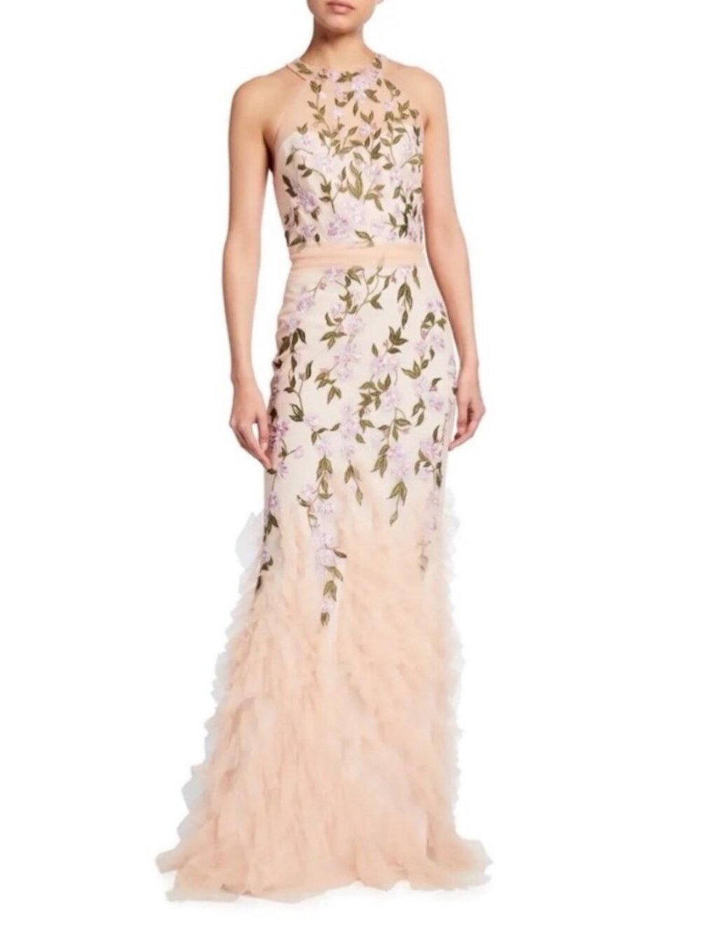NWT Marchesa Notte Floral Emboridered Ruffle-Hem Halter Gown 6